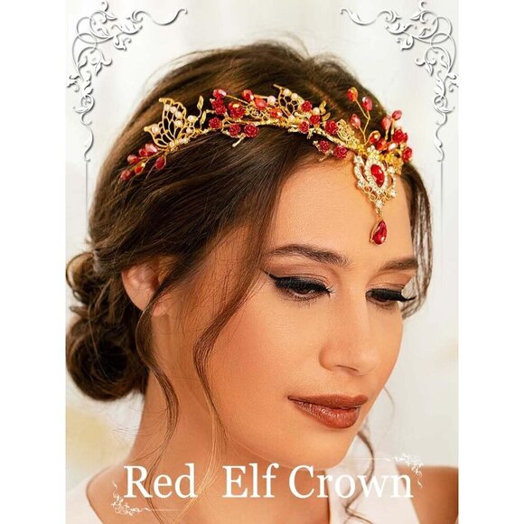 Red Fairy Headband Rhinestone Elf Headpiece for Women Renaissance Costume